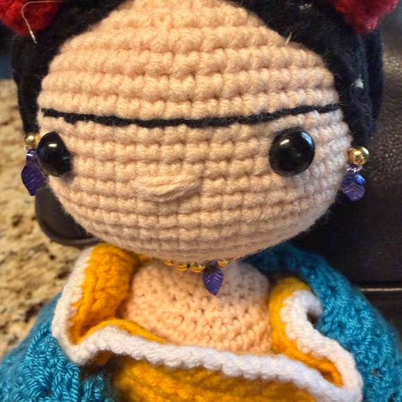 Handmade Frida Kahlo Crochet Doll in Yellow Dress with Teal Shawl - Picture 4 of 7